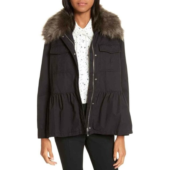 Kate Spade Broom Street Military Coat with Faux Fur Collar Black Size Small